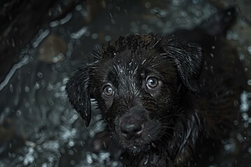 A close up of a wet dog looking at the camera. Generative AI.