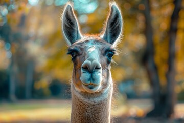 Obraz premium A close up of a llama looking at the camera with trees in background. Generative AI.