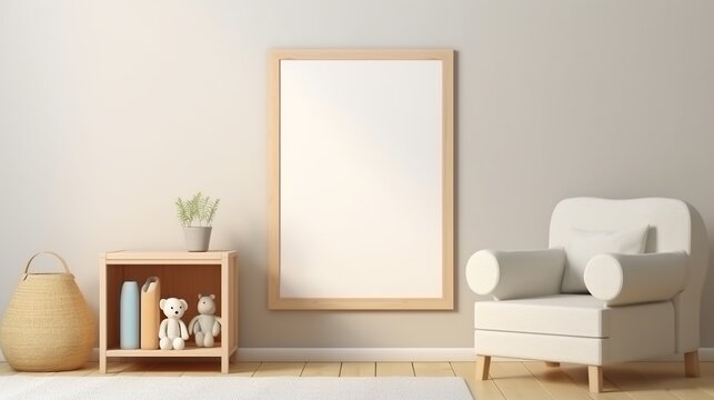 Children room interior with chair and blank picture frame on wall.