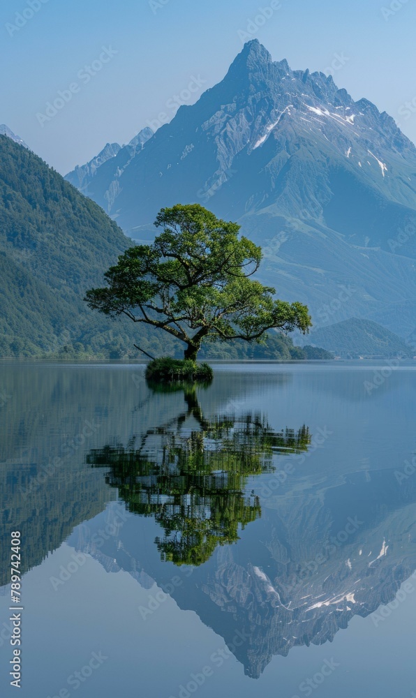 Poster a lone tree on a lake with mountains in the background. generative ai.