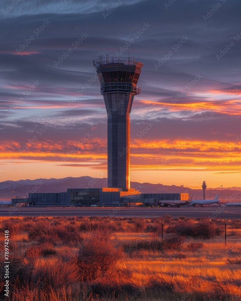 Poster a tower in the distance with a sunset behind it. generative ai.