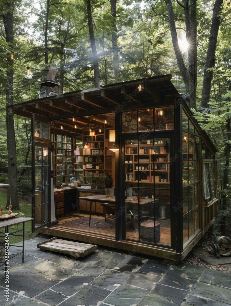 Aufkleber a small cabin with a table and chairs in the middle of it. generative ai.