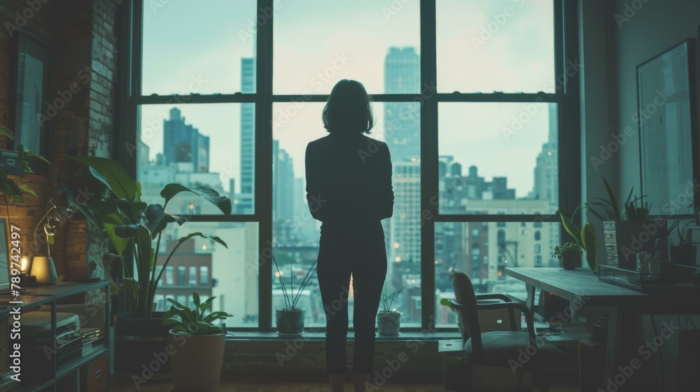 Poster a person standing in front of a window looking out at the city. generative ai.