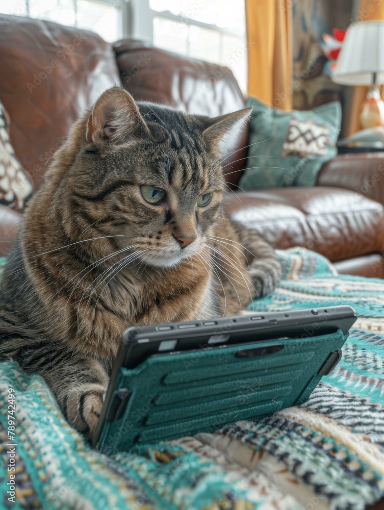 Poster a cat laying on a couch with its paw resting near the screen of an electronic device. generative ai.