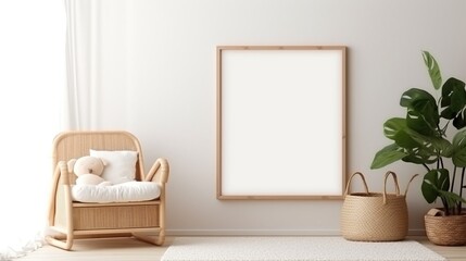 Children room interior with chair and blank picture frame on wall.