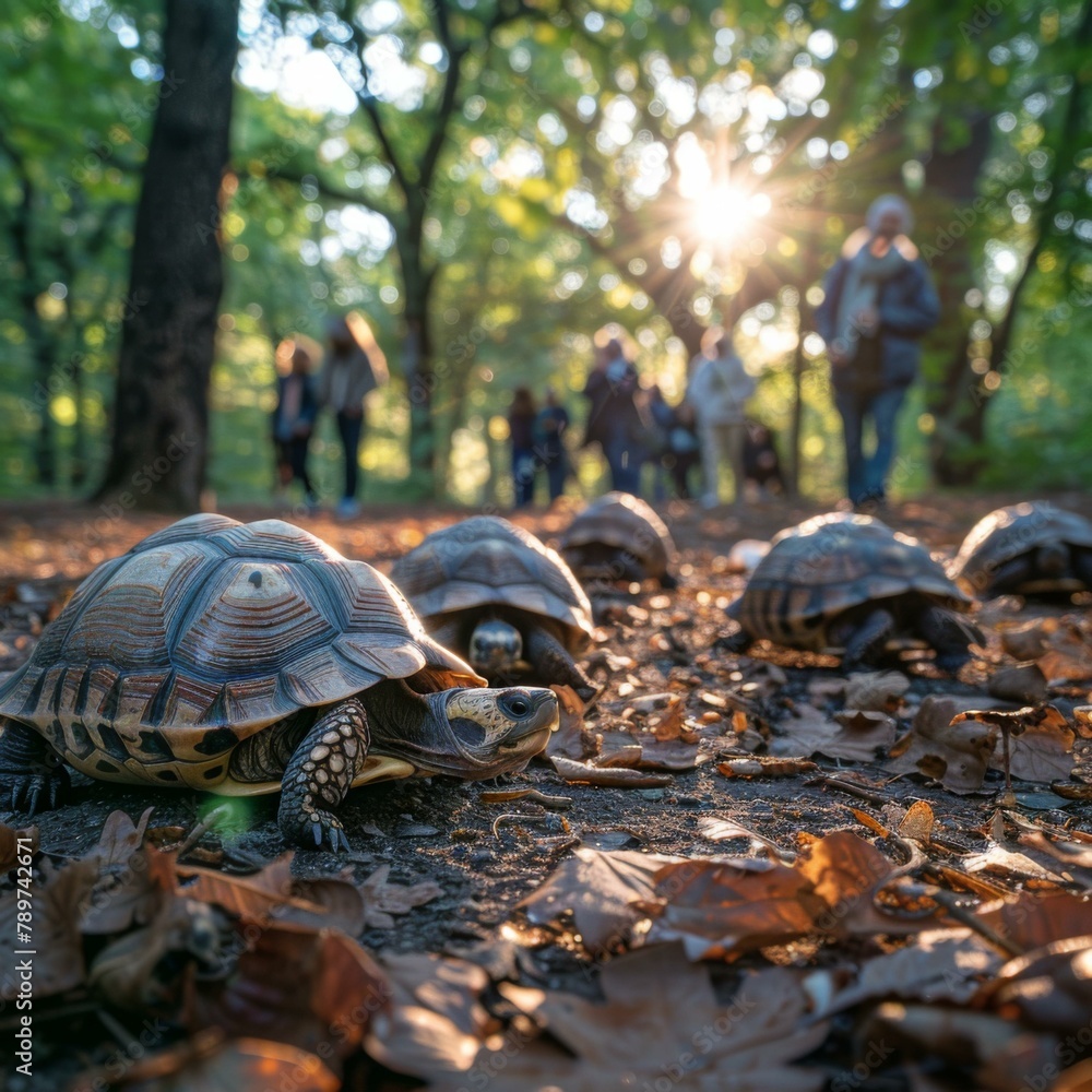 Poster a group of turtles are walking on the ground in a forest. generative ai.