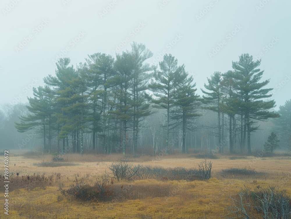 Poster a field with a few trees in the distance and some fog. generative ai.