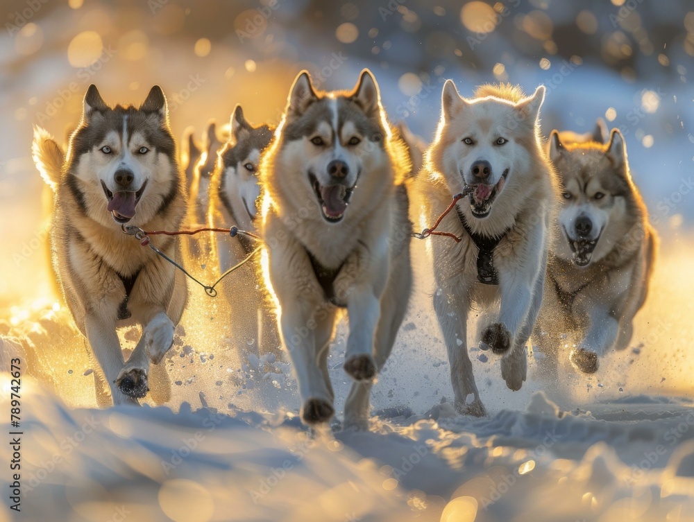 Poster a group of huskies running in the snow with their harnesses on. generative ai.