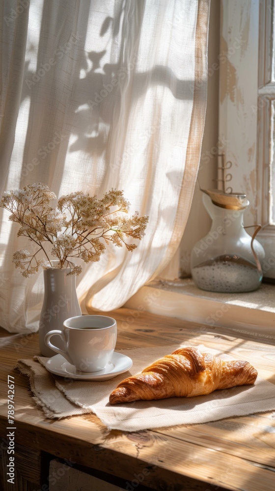 Poster a croissant and coffee on a table next to each other. generative ai.