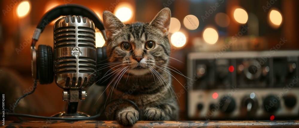 Poster a cat sitting next to a microphone and recording equipment. generative ai.