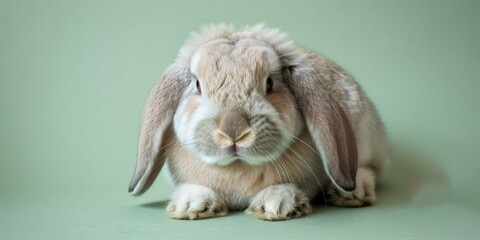 A rabbit sitting on a green background with its ears down. Generative AI.