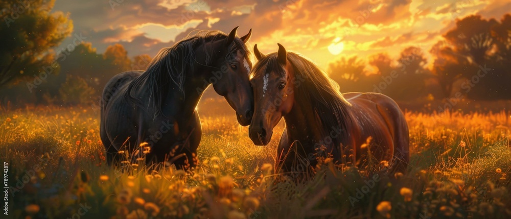 Aufkleber two horses are standing in a field with the sun setting behind them. generative ai.