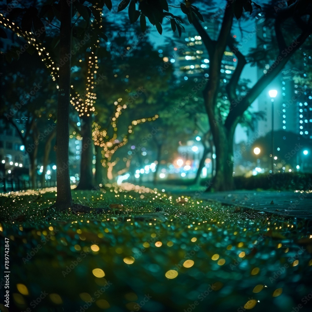 Poster a park with trees and grass covered in lights. generative ai.