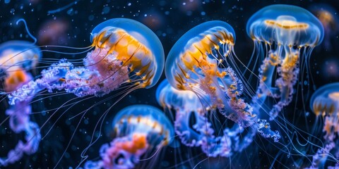 Stunning group of five orange jellyfish gliding through deep blue ocean, evoking marine life...
