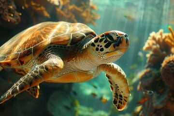 A turtle swimming in a large body of water with coral reef. Generative AI.