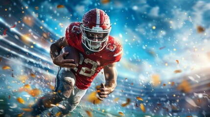 Dynamic football player in red uniform charging forward during game, vibrant confetti in air, suggesting celebration or championship euphoria, focused and intense mood.