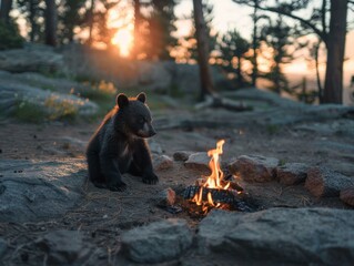 A small bear cub sitting by a fire pit in the woods. Generative AI.