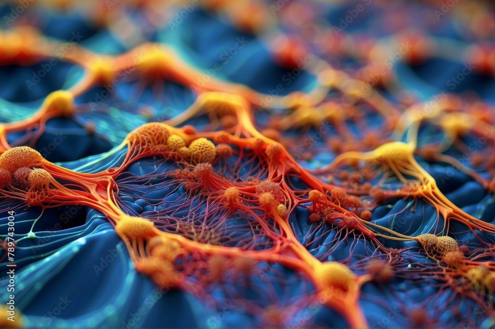 Poster a close up of a cell with many different colored strands. generative ai.