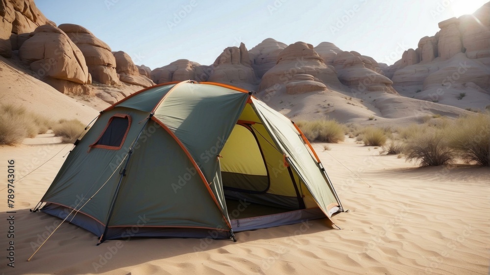 Poster a tent is pitched in the desert with a view of mountains. generative ai.