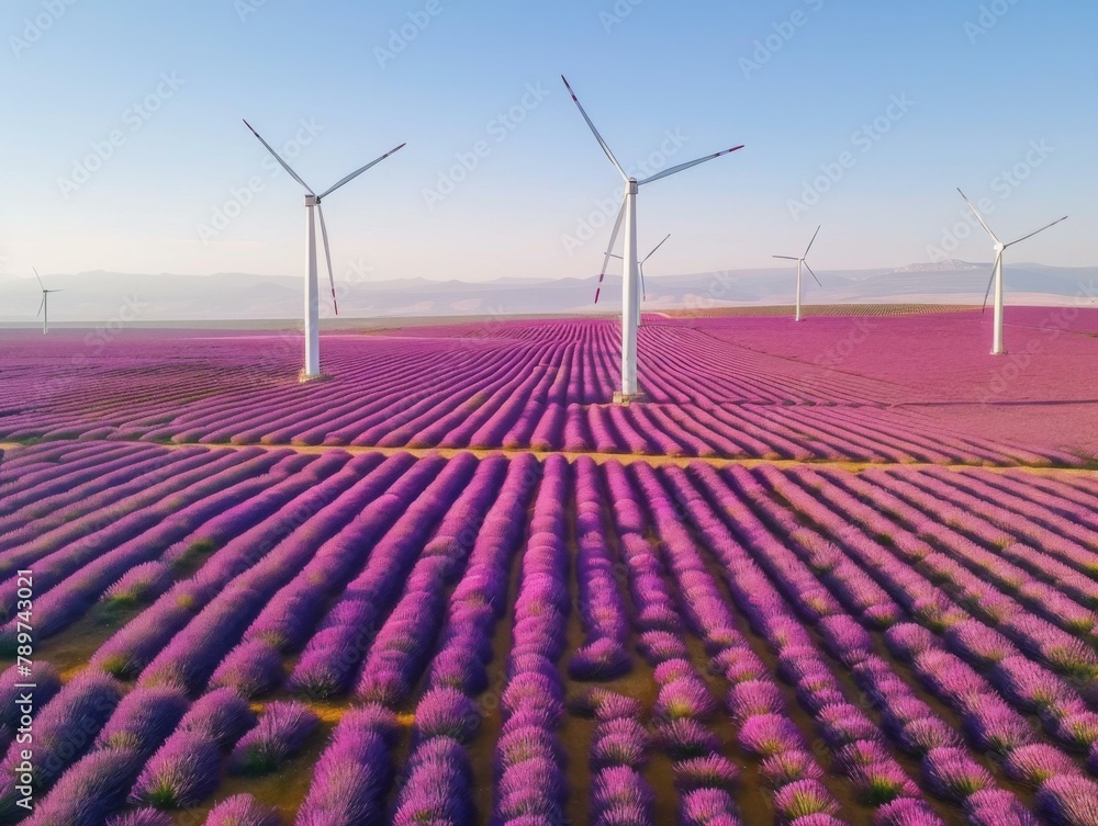 Poster a field of lavender with wind turbines in the background. generative ai.