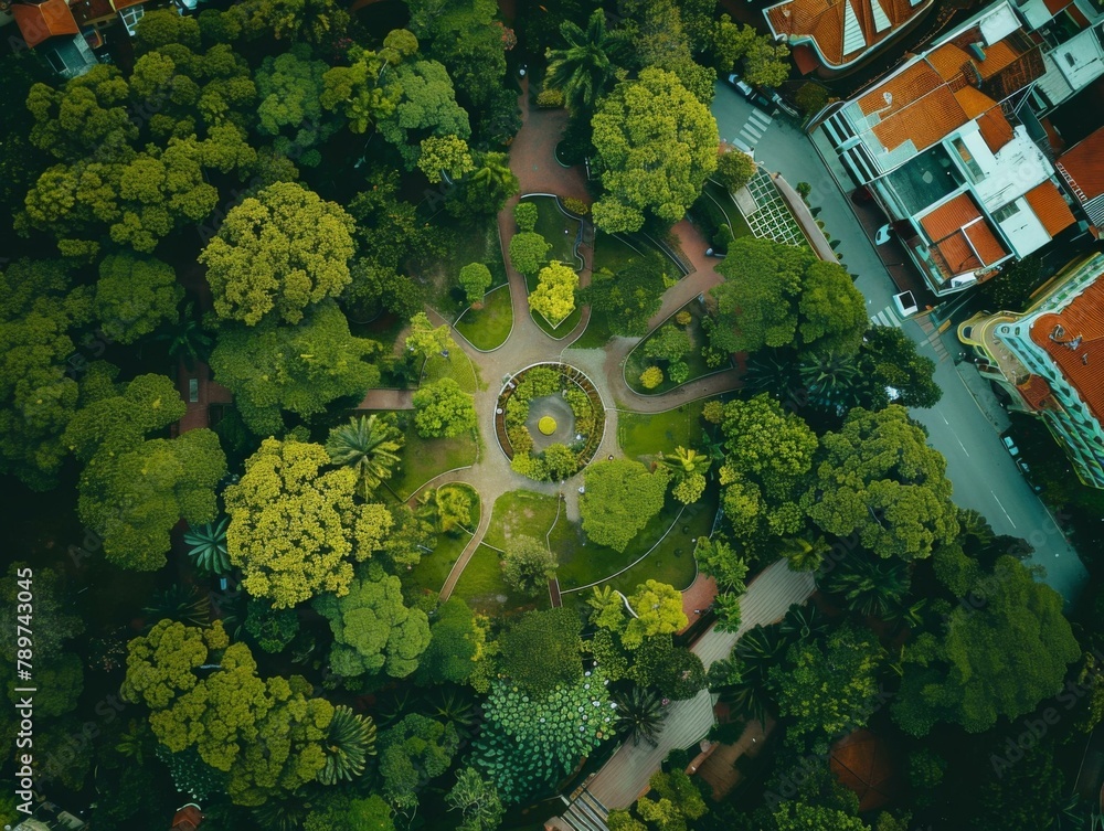 Poster an aerial view of a park with trees and buildings. generative ai.