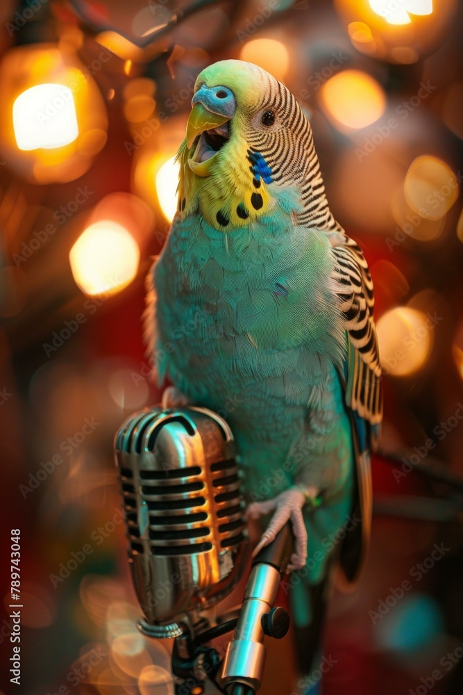 Poster a parakeet sitting on a microphone with lights around it. generative ai.