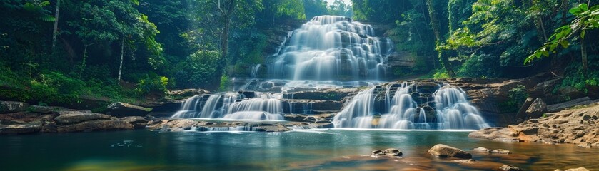 Nam Tok waterfall, hidden oasis in a retro travel poster, exotic and inviting