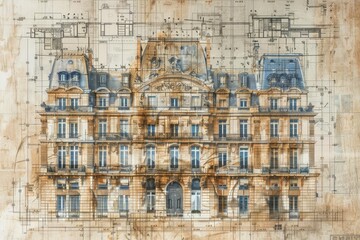 warm and inviting classical parisian building facade on aged blueprints concept illustration - obrazy, fototapety, plakaty