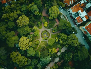 An aerial view of a park with trees and buildings. Generative AI.