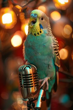 A parakeet sitting on a microphone with lights around it. Generative AI.