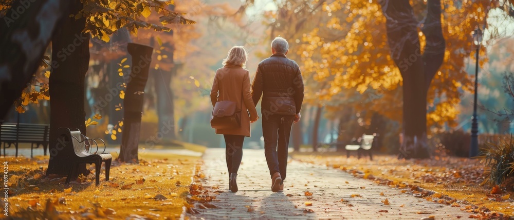 Poster an older couple walking down a path in the fall. generative ai.