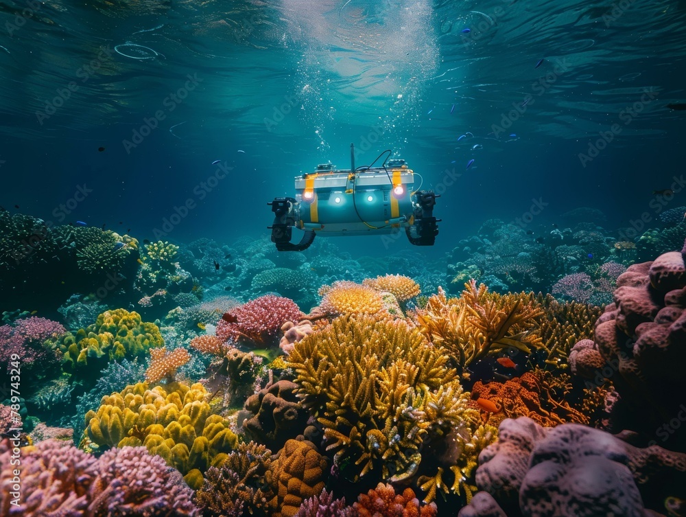 Poster a robot is underwater in the ocean with coral. generative ai.