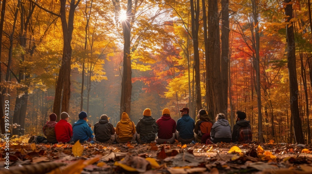 Poster a group of people sitting in the woods with trees around them. generative ai.