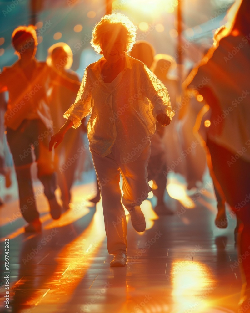 Poster a group of people walking down a sidewalk with some in white. generative ai.
