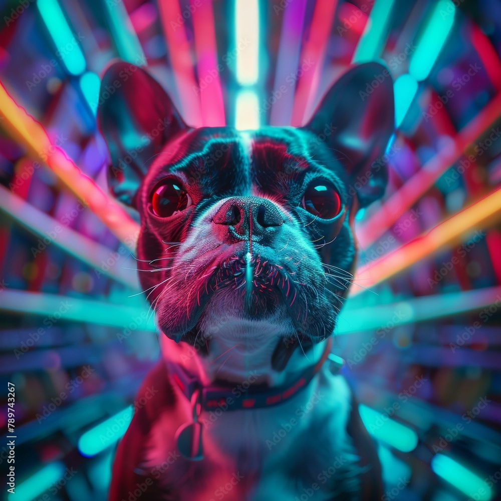 Poster a dog is looking at the camera with a colorful background. generative ai.