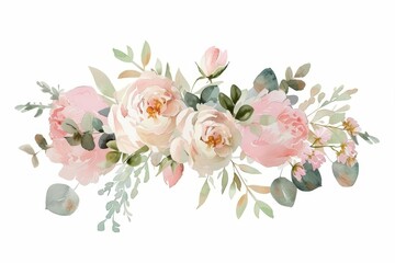 watercolor floral bouquet with pink roses peonies and eucalyptus perfect for wedding stationery soft pastel colors - obrazy, fototapety, plakaty
