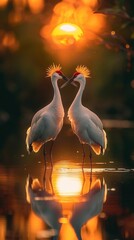 Fototapeta premium Two white birds standing in water with their heads touching. Generative AI.