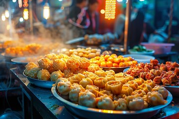 Deep Fried Meat Dumpling stand in a neonlit night market, crunchy delights 
