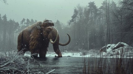 A large woolly mammoth walking across a frozen river in the snow. Generative AI. - obrazy, fototapety, plakaty