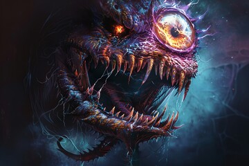 Realistic monstrous entity with a single large eye, vivid colors, eerie drooling effect - obrazy, fototapety, plakaty