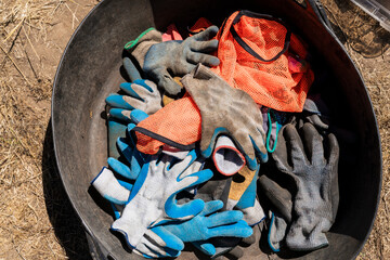 Bucket of gardening gloves