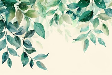 watercolor green leaves background fresh and natural design - obrazy, fototapety, plakaty