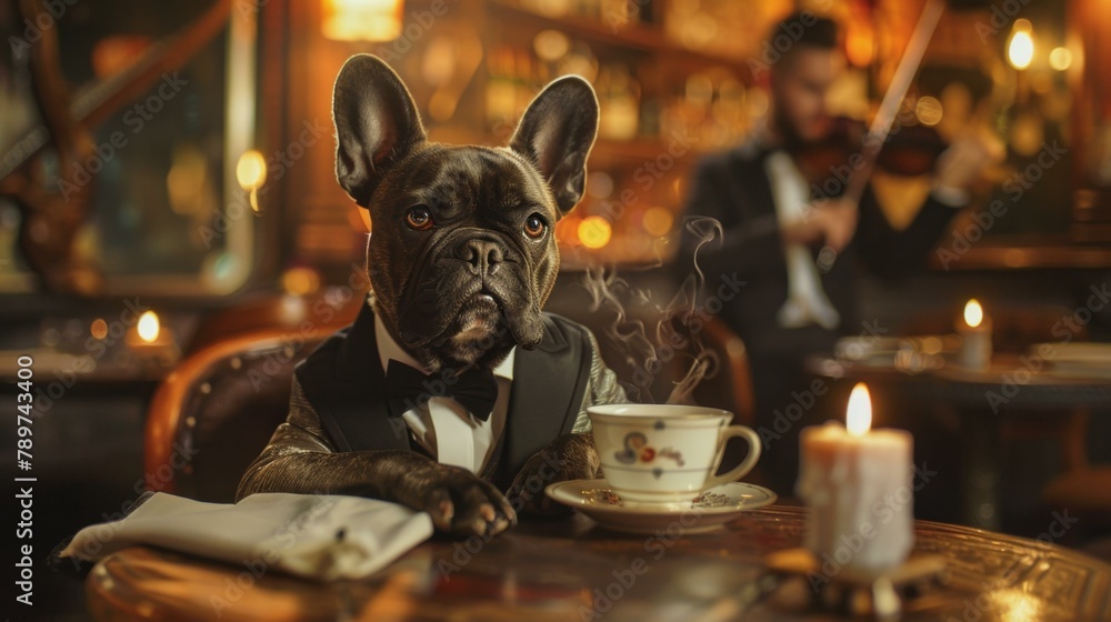 Poster a dog in a tuxedo sitting at the table with a cup of coffee. generative ai.
