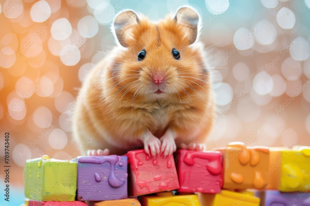 Aufkleber a hamster is standing on top of a stack of colorful blocks. generative ai.