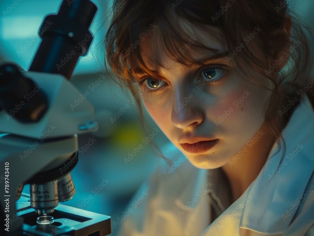 Poster a woman in lab coat looking at microscope with a sad expression. generative ai.