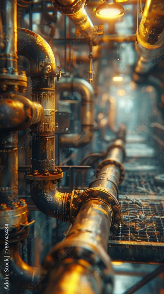 Poster a close up of a pipe system with pipes and valves. generative ai.