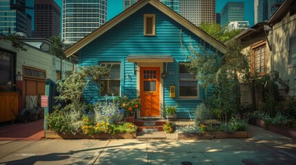 A blue house with a bright orange door and plants in front. Generative AI.
