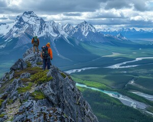 Two men with backpacks standing on top of a mountain. Generative AI.
