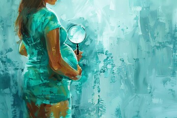 woman holding magnifying glass over abdomen curious about pregnancy digital painting - obrazy, fototapety, plakaty