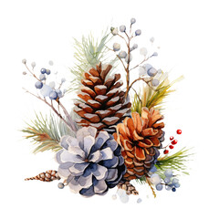 An artistic representation of pinecones amidst vibrant greenery and delicate berries, painted in watercolors